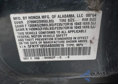 2004 Honda Pilot Ex-L from USA, damaged, VIN 5FNYF18554B009016